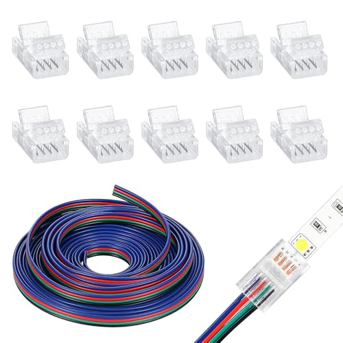 5m Câble d'extension Bande de LED 4 Broches, 22AWG 5V-24V avec 10 Connecteurs Rapides Ruban LED sans Soudure pour RGB 5050 10mm, Câble Alimentation Multicolore pour Éclairage Bande Flexible Intérieur