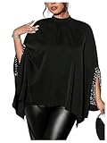 BEAUDRM Women's Plus Size Pearl Shirts Glitter Cloak Sleeve Mock Neck Poncho Going Out Date Night Top Party Club Outfit Black Large Plus