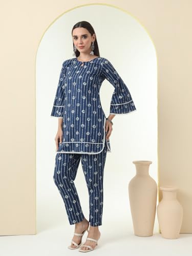 Image of Tissu Women's Plus Size Pure Cotton Grey Floral Tunic with Palazzo Co-ords