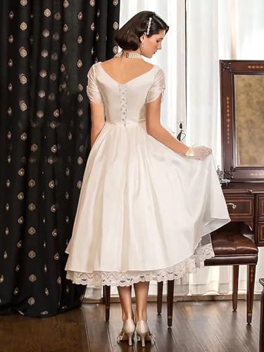 Mouccy Simple Lace Satin Wedding Dresses for Bride 2025 Short Sleeve A-Line Bridal Gowns V-Neck Wedding Gown with Pleats3