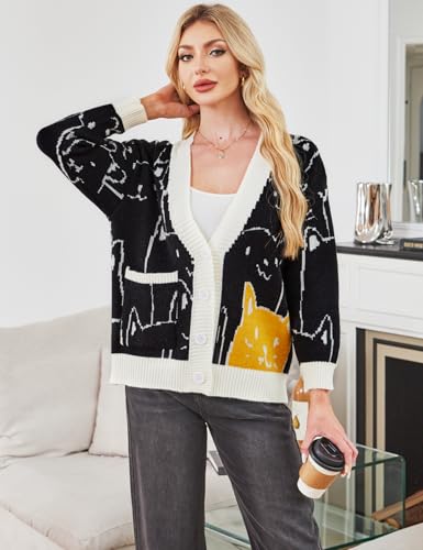 Image of Gihuo Women Cat Sweater Oversized Cute Kawaii Cardigan Knit Graphic V Neck Loose Fit Long Sleeve Cardigan Coat