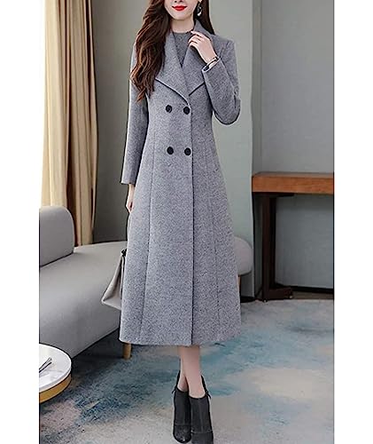 Sexyshine Women's Winter Double Breasted Maxi Pea Coat Long Sleeve Shawl Collar Long Warm Wool Work Trench Coat2