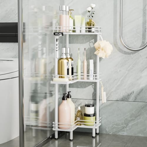 Image of Consumest Corner Shower Caddy Standing - 3-Tier Stainless Steel Shower Organizer with Soap Holder and 4 Hooks, Large Capacity Corner Shelf Stand for Bathroom, Rest Room, White