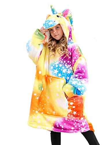 Ceruwum Unicorn Hoodies for Girls Unicorn Hooded Sweatshirt Oversized Hoodie Blanket for Kids (Yellow Stars 4-5 Years)