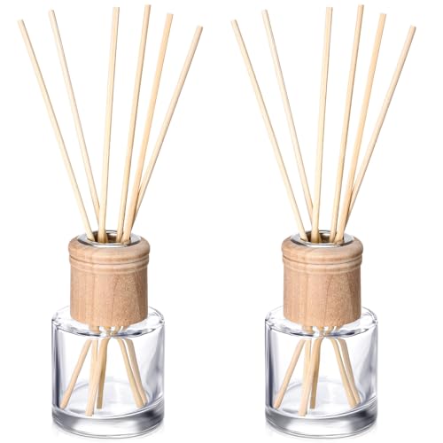 Roshtia 2 Set Reed Diffuser Bottle Empty Refillable Fragrance Glass Diffuser Bottles Set with Wooden Caps Sticks 50ml 1.7 oz Round Glass Jars for DIY Fragrance