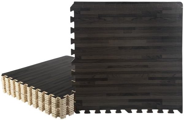 EVA Foam Floor Tiles 12-Pack - 48 SQFT Woodgrain Puzzle Mats for Floor - Interlocking Foam Tiles for Family Room or Gym Flooring by Stalwart (Black)