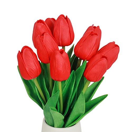 Varyfloral 10 Pcs Red Artificial Tulips Flowers Pu Faux Tulips Single Stem Real Touch Flowers Spring Bouquet Fake Tulips Fake Flowers For Decoration Wedding Floral Arrangements Centerpieces Home Décor #TOP29