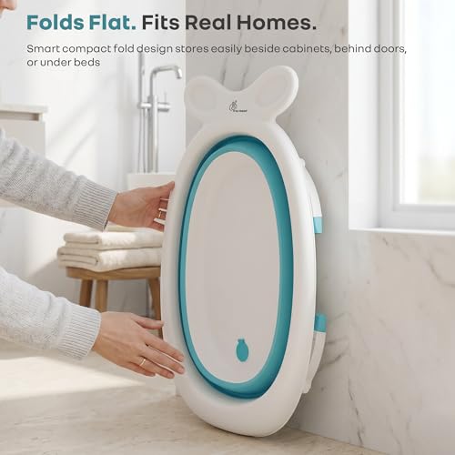 Image of R for Rabbit Bubble Double Finzy Baby Bath Tub Foldable for Kids 9 Months-3 Years | Womb Cocoon Bathtub Design | Anti-Skid Base | Quick Drain Plug | Space Saving Pool Bather with Tray (White Blue)