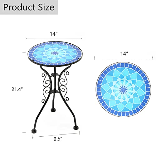 Hl3Nigim Outdoor Side Table, 14" Round Mosaic Patio Side Table Accent Table Bistro Coffee Glass Table Plant Stand For Garden Porch Living Room Balcony Deck Porch Pool #TOP2