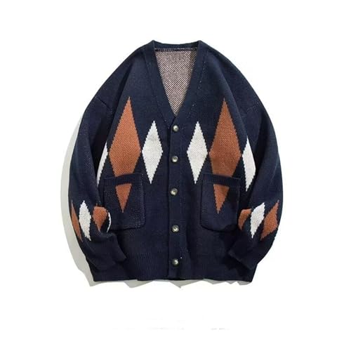 Men Argyle Pattern Sweaters V Neck Button Up Drop Shoulder Geo Cardigan Sweater Open Front Jumper with Pockets, Large, Blue