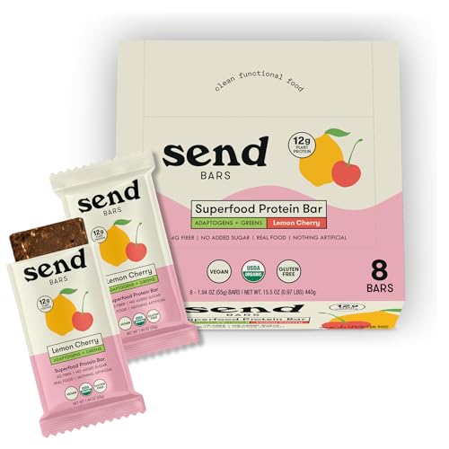 SEND Bars Organic Plant Based Vegan Healthy Protein Bars with Greens (Organic Lemon Cherry 8 Bars) Only Real Food Ingredients No Added Sugar Gluten Free Dairy Free Non-GMO Healthy Snacks