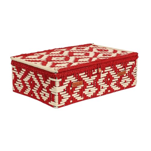 Image of Kaahira Handmade Decorative Storage Box and Organiser | Macrame Gift Hamper Box for Cosmetics, Toiletries & Return Gifts | Aesthetic Rope Woven Organizer (Red and White, Large - 14x10x4 inches)