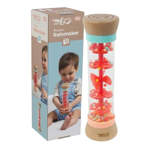Owl & Fox Wooden Rainmaker Baby Rattle Toy - Soothing Sounds, Sensory Development and Music Exploration, Bold Colours for Visual Stimulation, Made from FSC Certified Wood, Perfect for Ages 12+ Months