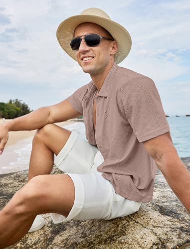 Vssjavun Mens Short Sleeve Button Down Shirts Casual Hollow Out Summer Beach Shirt