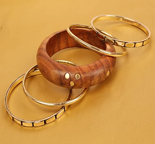 Image of Touchstone wood bracelets for women bangle wooden jewelry handmade artisan bangles natural handcrafted brown olive stylish chunky boho bohemian bracelet brass metal inlaid woods stackable