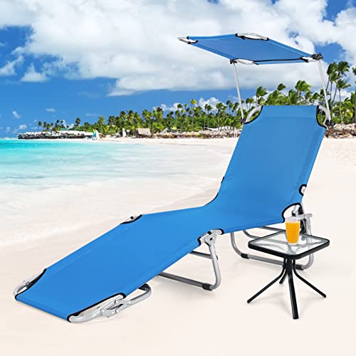 Gymax Tanning Chair, Beach Lounge Chair With Canopy Sunshade, Carry Handle & Pocket, 5 Level Adjustable Layout Chaise Lounge For Outside, Folding Sunbath Chair For Outdoor, Patio, Poolside (1, Blue) #TOP7