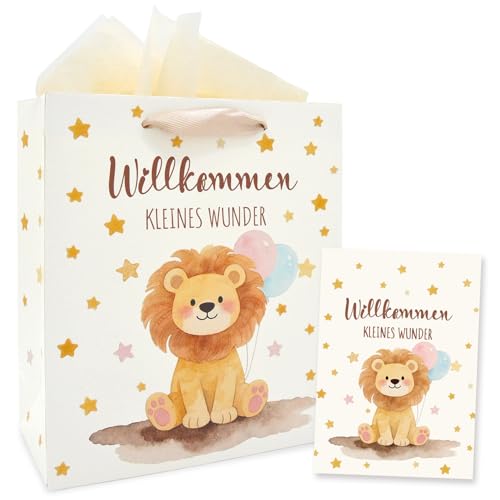 Geschenktüten zur Geburt Glückwunschkarte Baby Geschenke Geschenktasche mit Henkel Seidenpapier A6 Grußkarte Willkommen kleines Wunder Junge Mädchen Shower Löwe Design