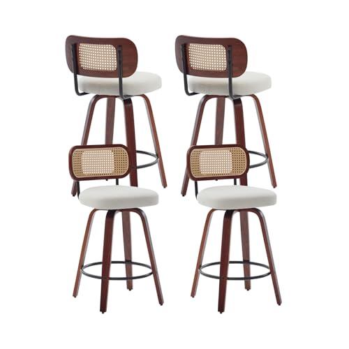Image of Swivel Counter Height Bar Stools Set of 4, 26 inch Bar Chairs with Curved Rattan Back, Linen Upholstered Seat, Walnut Craftsmanship, Mid Century Modern Counter Stools for Kitchen Counter, Beige
