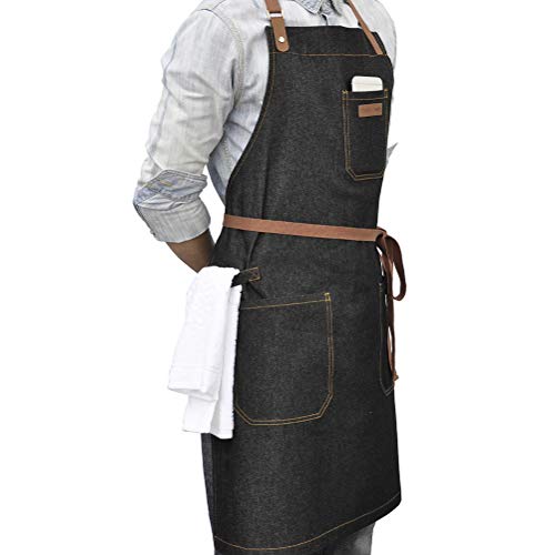 Dingsay Trendy Denim Chef Apron With Pockets, Mens Womens Professional Kitchen Bib Black Apron For Cooking Grill Bbq Server, With Towel Loop And Adjustable Neck Straps #TOP2