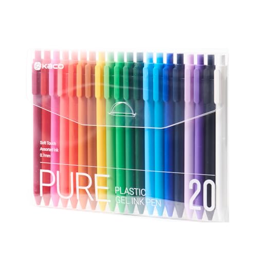 Kaco PURE Gel Pens 20 Pieces 0.7 mm Color Ink Aesthetic Journaling Pens Cute, Retractable, Soft Touch Barrel, Quick Drying (20 Assorted Ink)