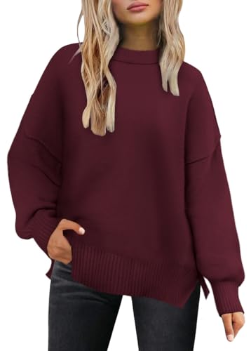 Lylinan Cozy Oversized Sweater for Women Side Slit Knit Pullover Crewneck Top for Fall Winter Outfits XS-XXL