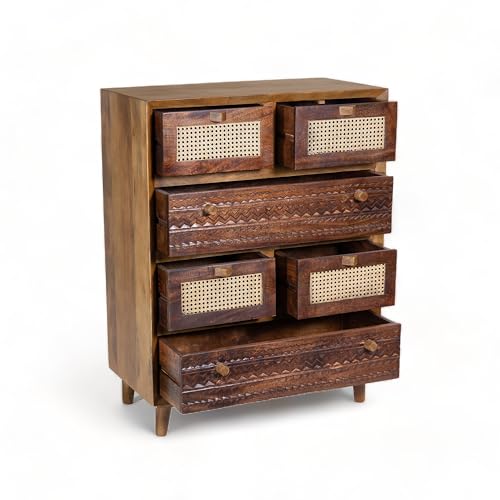Image of Solid Wood Luffy Chest of Drawers | Chest of Drawers for Storage | 6 Drawer Dresser | Natural Cane | Finish- Light Brown and Tubaq