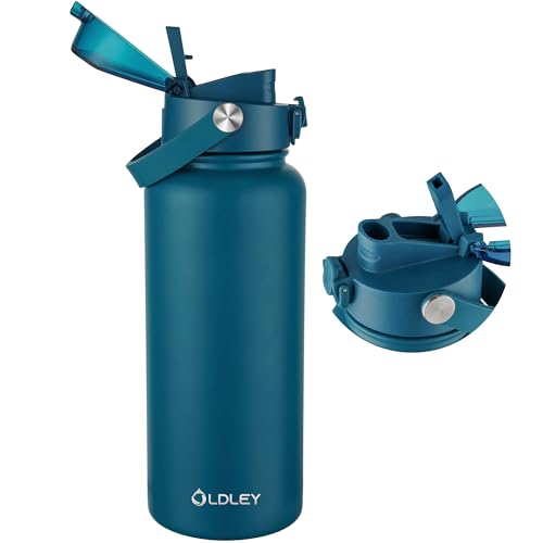 Image of OLDLEY 32oz Insulated Water Bottle with 2-in-1 Straw & Chug Lid, Leakproof Stainless Steel Bottle, Double Wall Vacuum Insulated Water Bottle for Sports, Gym, Travel,Emerald Green