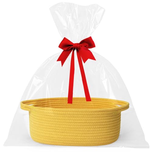 Image of WILLITAT Yellow Basket for Gifts Empty, 13 inchx 9 inchx 5 inch Small Woven Gift Basket with Bag and Ribbon, Cotton Rope Dog Cat Toy Bin Box, Cute Baby Nursery Organizer, Decorative Storage with Handles, Yellow