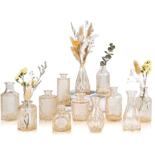Glass Bud Vases Set of 12, Mini Flower Vases for Centerpieces, Small Clear Vases in Bulk for Wedding Decorations, Vintage Vases for Table, Recepetion, Home Décor (Amber)