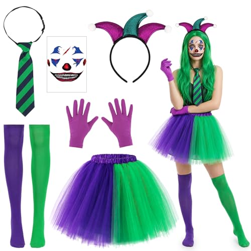 Déguisement clown femme Halloween : pack 5 pièces avec jupe tutu et strass