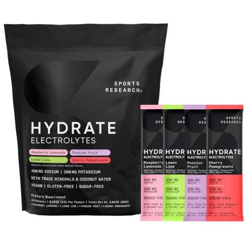 Sports Research Hydrate Electrolytes Powder Packets - Sugar-Free & Naturally Flavored with Vitamins Minerals and Coconut Water - Supports Hydration - 16 Packets - Variety Pack