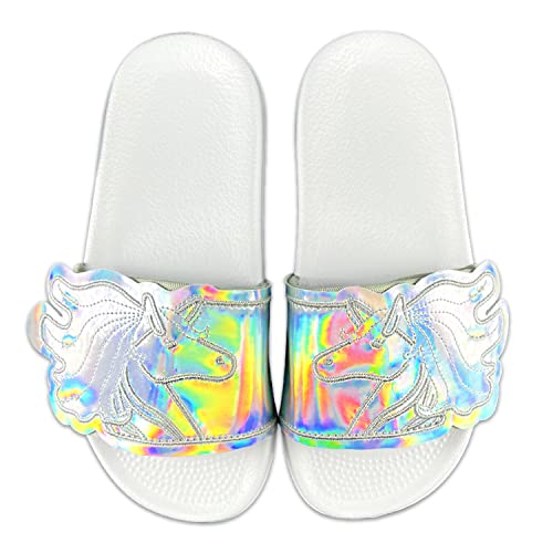 Dream Bridge Girls Sliders Beach Kids Slippers Summer Glitter Sandals Pool Fashion Glitter Shoes Slip On Anti-slip Glossy Rainbow Flip Flops for Boys and Girls Indoor Outdoor,silver,1 UK4