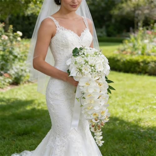 Bridal and bridesmaid wedding bouquet, 11.81-inch white calla lily layered bridal bouquet, for wedding silk artificial flowers (natural white)