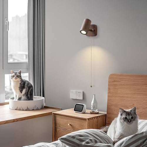 Lámpara de pared de noche de madera con interruptor de tirón y aplique ajustable para lectura 7