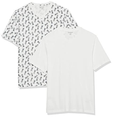 Amazon Essentials Camiseta de manga corta con cuello en V para hombre, ajuste regular, ajuste regular, paquete de 2 (disponible en tallas para grandes y altos), color blanco/estampado de piña, talla