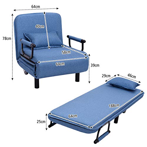 Image of CASART. Folding Sofa Bed, 3-in-1 Convertible Recliner Chair with Pillow and Caster, Indoor Single Sleeper Guest Bed Lounge Futon Couch for Home Office Bedroom Living Room (Blue)
