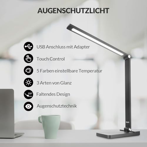 mafiti Schreibtischlampe LED Dimmbar Tischlampe 5 Farb und 3 Helligkeitsstufen, Augenfreundliche Nachttischlampe, USB-Anschluss für Leser… – Ansicht 2