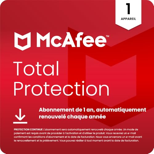 McAfee Total Protection 1 Appareil 2026 | Antivirus, VPN, logiciel de sécurité | Abonnement d'un...
