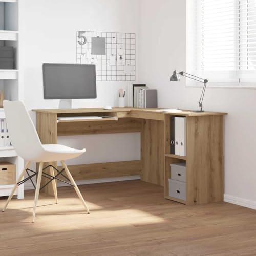 Zeehear Escritorio esquinero de roble Artisan, 120 x 140 x 75 cm, en forma de L, con bandeja para teclado, 2 estantes abiertos, material de madera resistente para oficina, juegos, oficina en casa