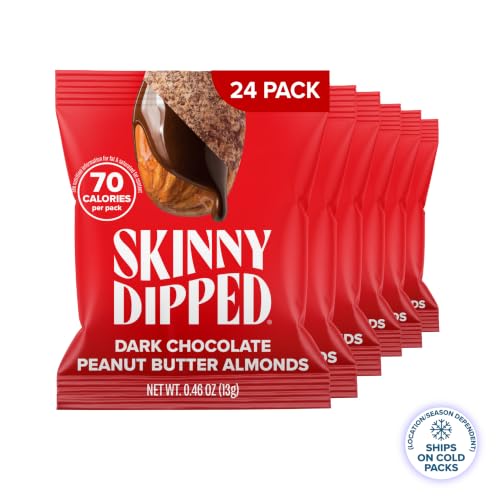 Image of SkinnyDipped Dark Chocolate Peanut Butter Almonds, Healthy Snack, Plant Protein, Gluten Free, 0.46 oz Mini Bags, Pack of 24 | Crunchy Whole Almonds Thinly Dipped in Chocolate | Gluten Free | Plant Protein Snack Packs