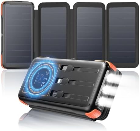 SOARAISE-Cargador-Solar-25000mAh-20W-Solar-Power-Bank con 3 Cables y 4 Paneles Solares, USB C Batería Externa Carga Rápida con Linterna LED para Camping