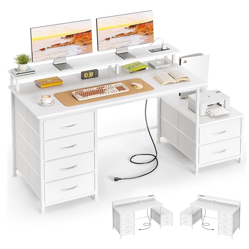Flrrtenv 128cm Desk with Fabric File Cabinet, Computer Desk with Shelves and Drawers, Writing Table with Monitor Stand, Study Table Workstation for Home Office, White