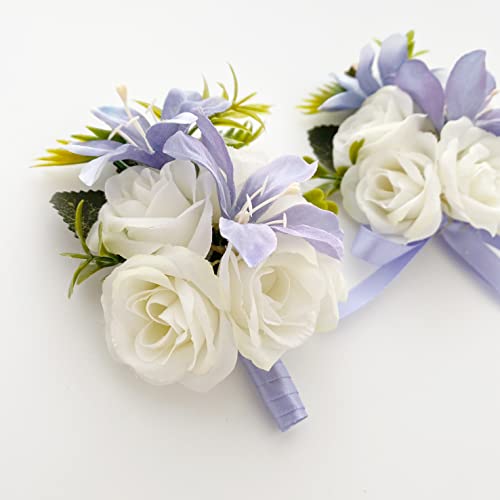 Abbie Home Wedding Wrist Corsage Brooch Boutonniere Set Party Prom Hand Flower Décor-White&Lavender #TOP1