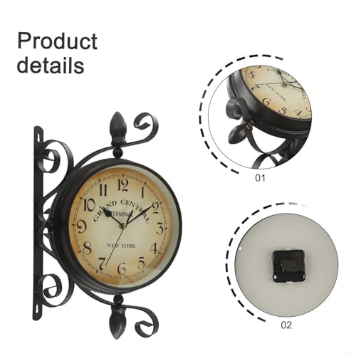Reloj de pared de doble cara estilo estación de hierro redondo antiguo de 8 pulgadas reloj silencioso de cuarzo con números grandes para sala de estar, pasillo, porche, reloj de pared retro vintage