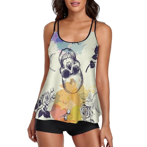Maillot de bain tankini crâne aquarelle femme ensemble bikini avec shorty