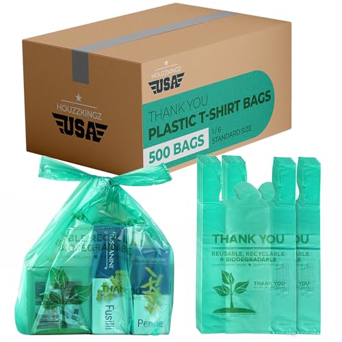 500 Biodegradable Compostable Thank You Plastic Bags - Grocery Shopping Bags with Handles [12