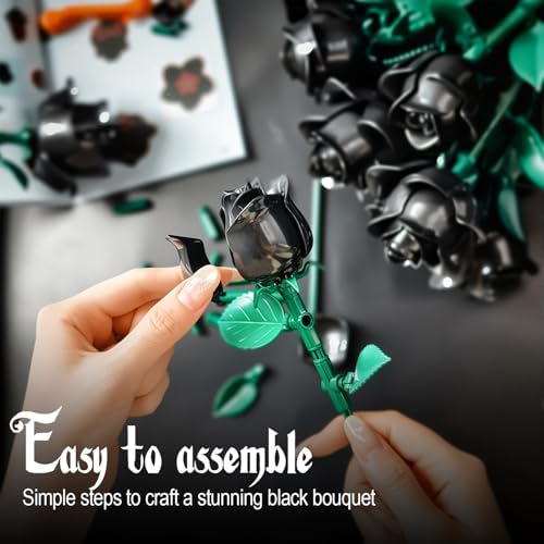 Black Roses Flower Building Set-12Pack, Compatible with Lego Bouquet for Adults,Gothic Horror Flowers Botanical, Gift for Halloween & Valentines Compatible with Lego Roses(585pcs) - Thumbnail 4