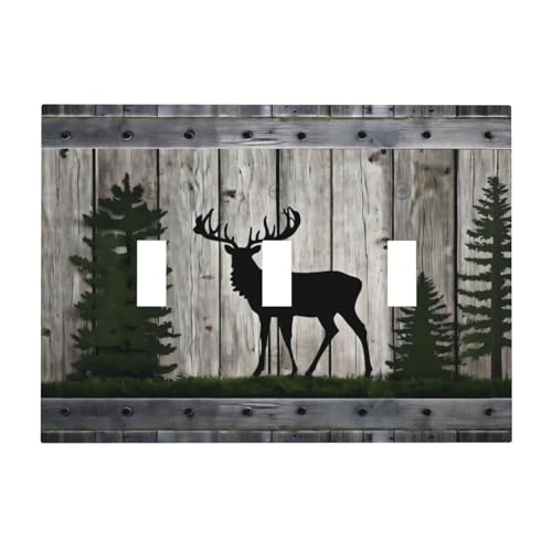 Decorative Light Switch Cover Plate Rustic Deer Elk Forest Grey Wood Board 3 Gang Wall Plate Oversized Triple Toggle Switch Cover Plate Jumbo Faceplate for Farmhouse Decor