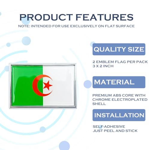 Image of Algeria Flag Sticker Emblem Algerian Decal Car Chrome Flags, 2 Pack, 3 x 2 inches