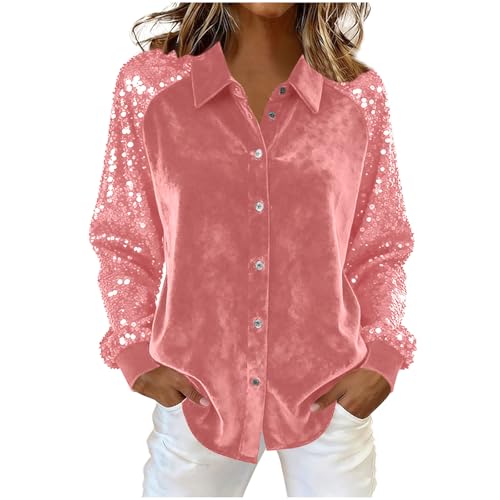 Sequin Shirts for Women Button Down Lapel Collar Sparkly Tops Splicing Long Sleeve Holiday Blouses Tees 2025 Fashion Pink